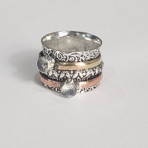 White Topaz gemstone 925 silver wide band 3 tone 3 band spinner ring